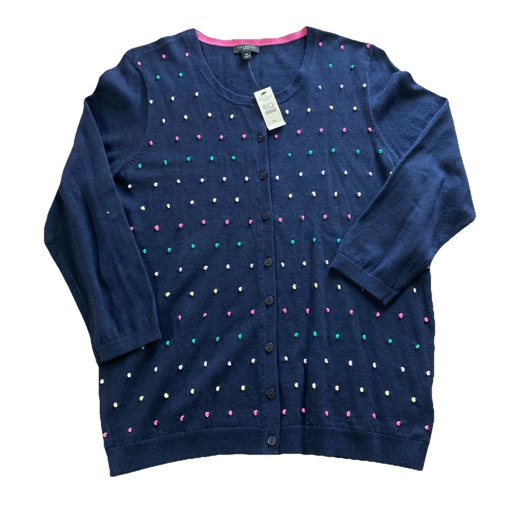 Talbots Charming Polkadot Cardigan Sz PM New Navy Embroidered Colorful - Picture 2 of 8